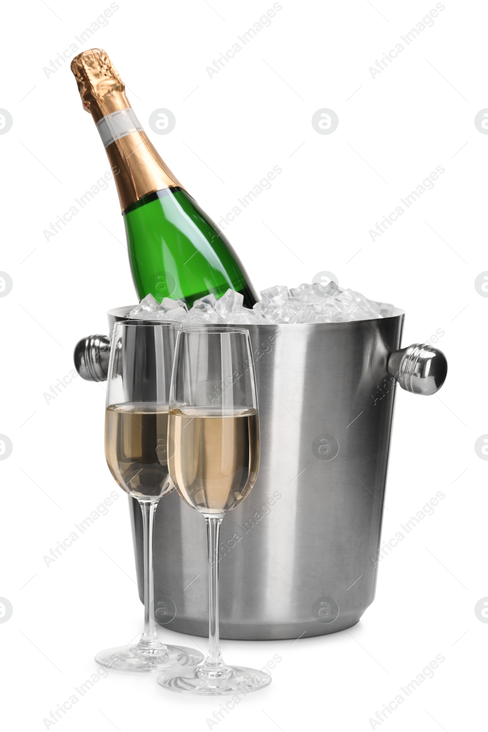 Photo of Champagne and bucket with ice isolated on white