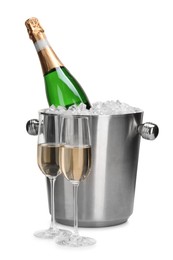 Photo of Champagne and bucket with ice isolated on white