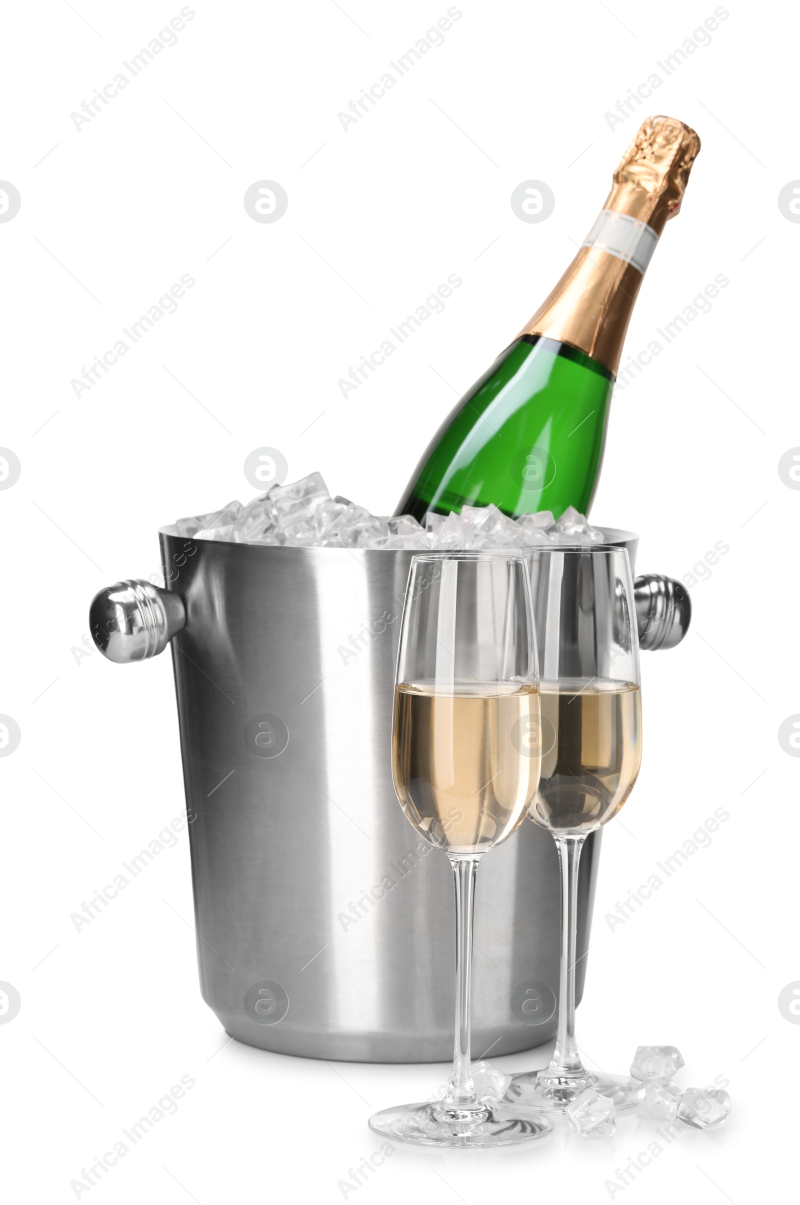 Photo of Champagne and bucket with ice isolated on white