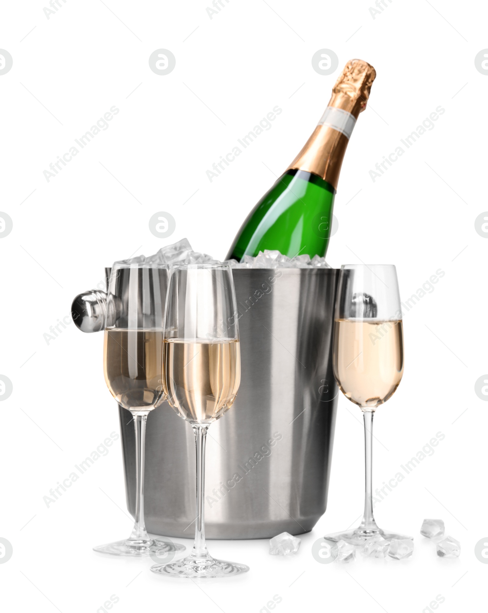 Photo of Champagne and bucket with ice isolated on white