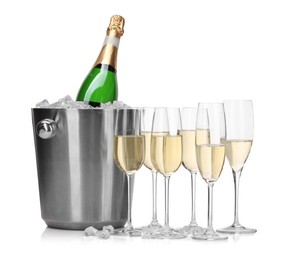 Photo of Champagne and bucket with ice isolated on white