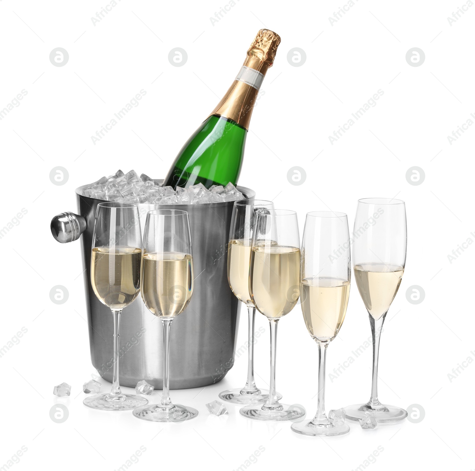 Photo of Champagne and bucket with ice isolated on white