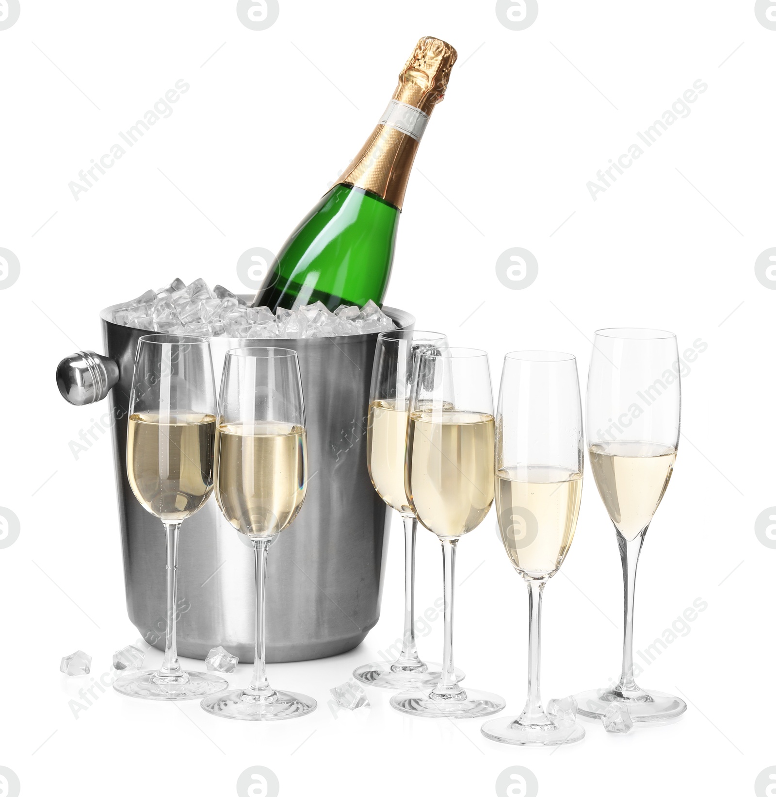 Photo of Champagne and bucket with ice isolated on white