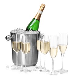 Photo of Champagne and bucket with ice isolated on white