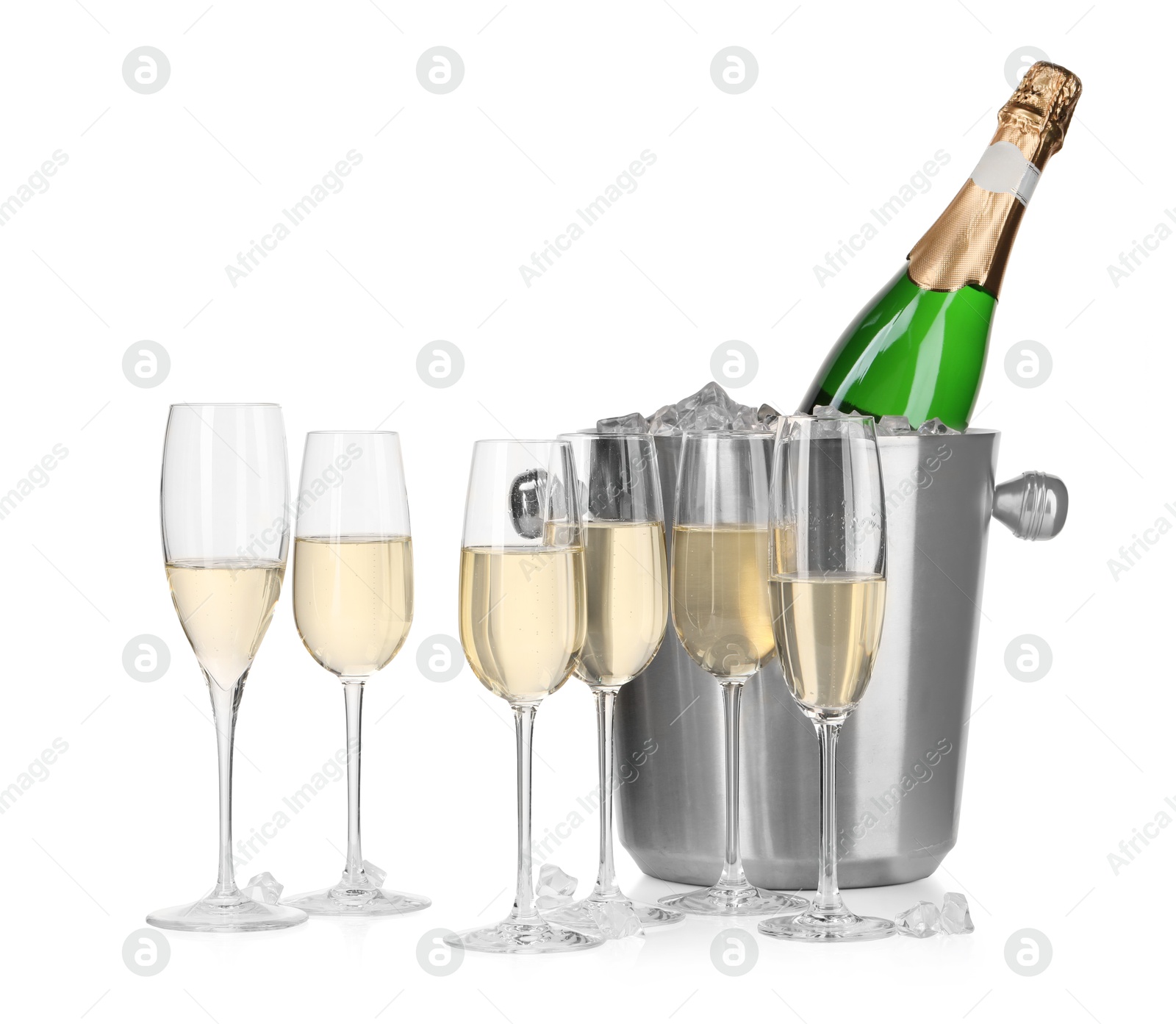 Photo of Champagne and bucket with ice isolated on white