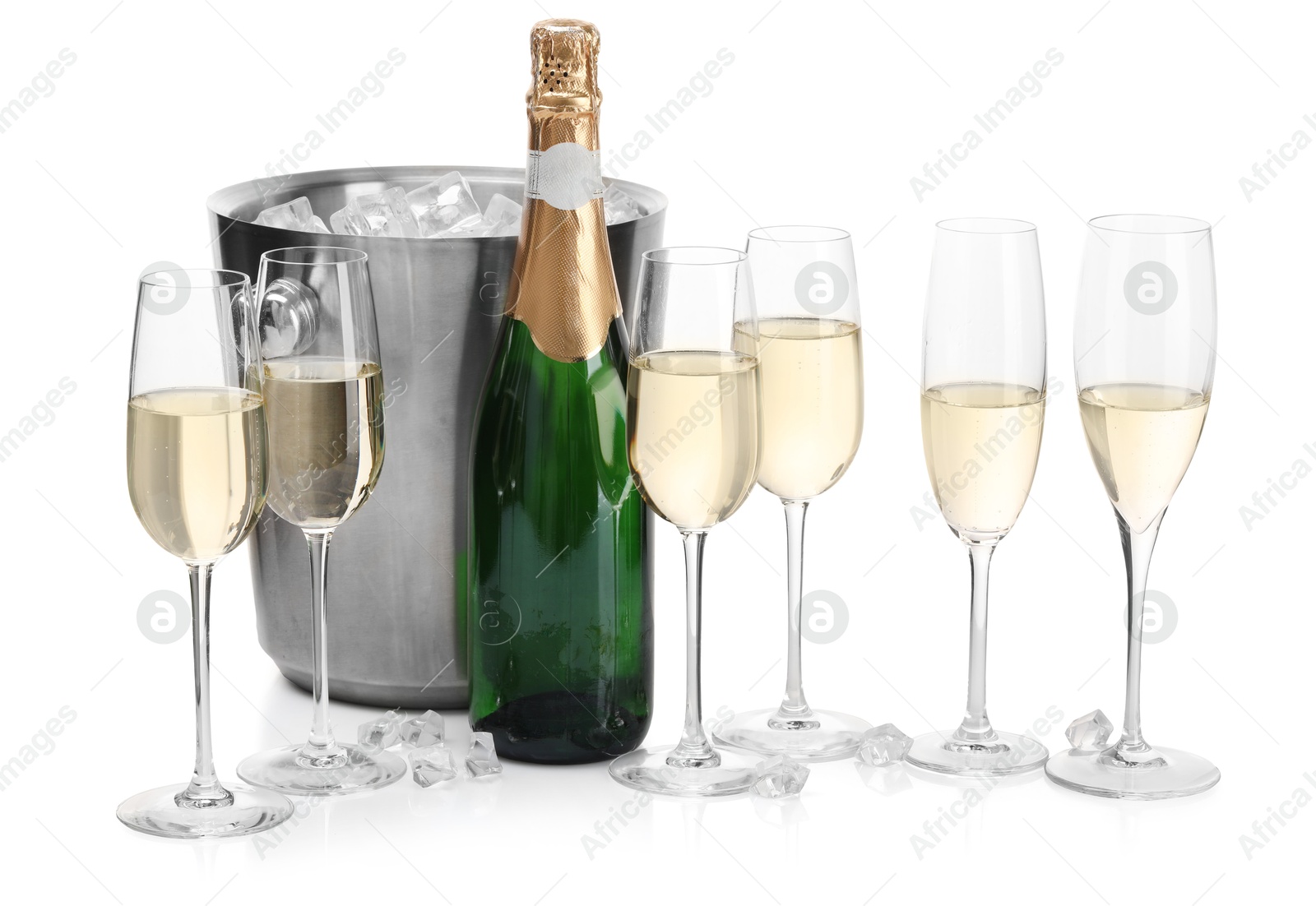 Photo of Champagne and bucket with ice isolated on white