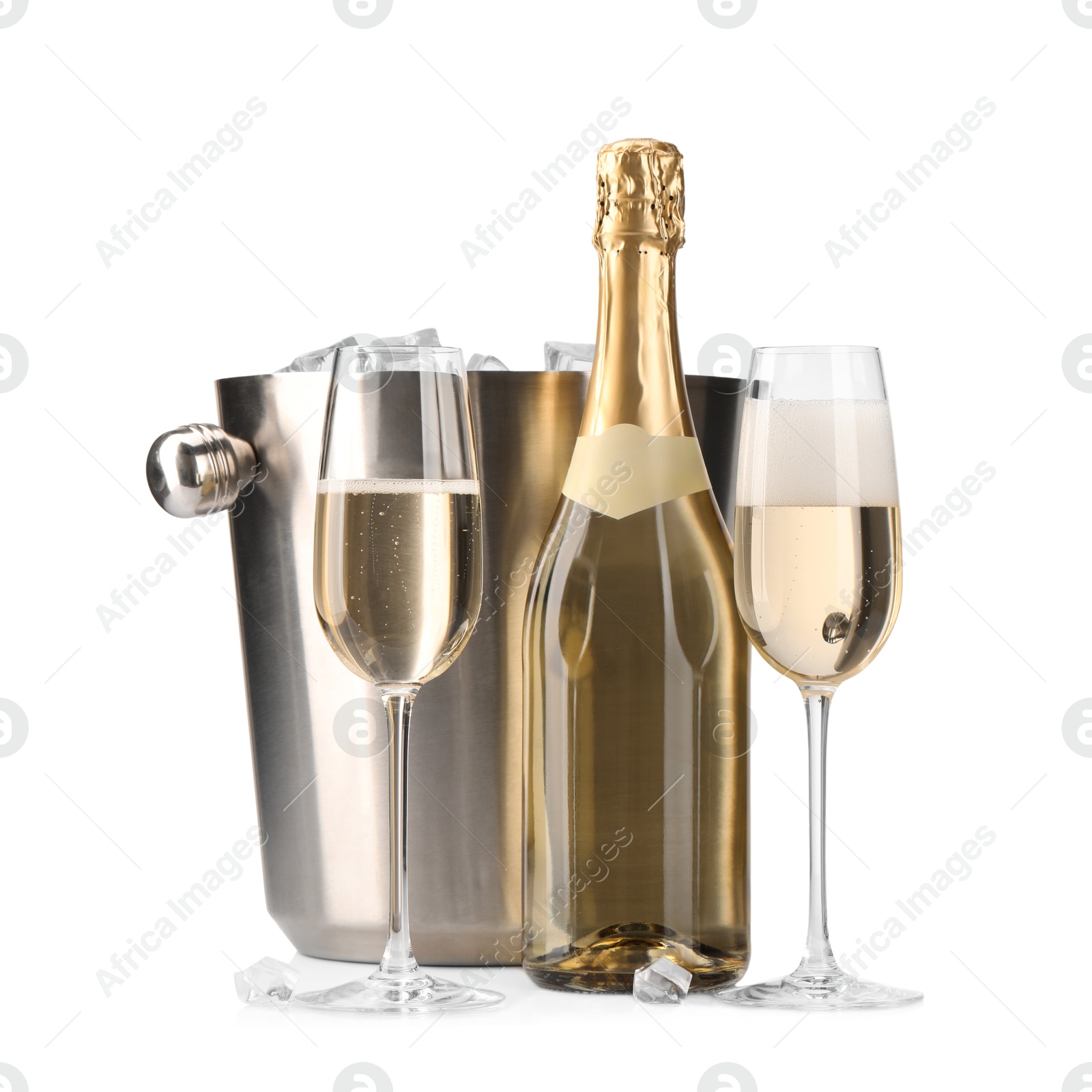 Photo of Champagne and bucket with ice isolated on white