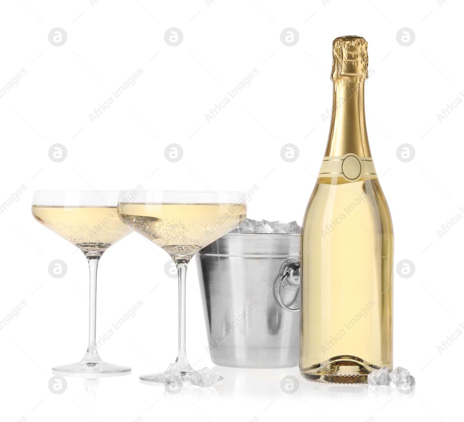 Photo of Champagne and bucket with ice isolated on white