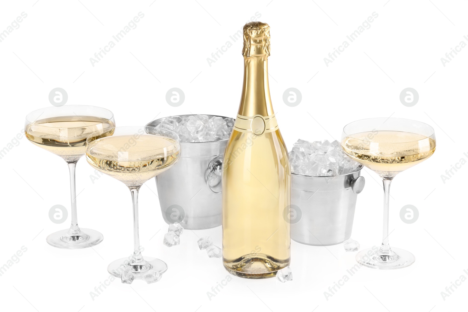 Photo of Champagne and buckets with ice isolated on white