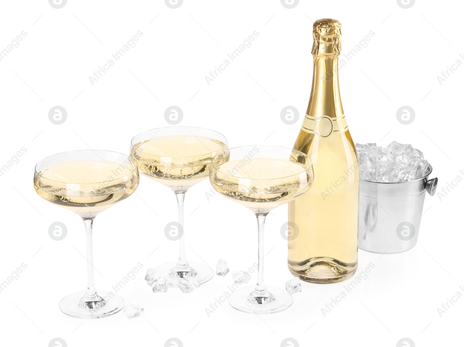 Photo of Champagne and bucket with ice isolated on white