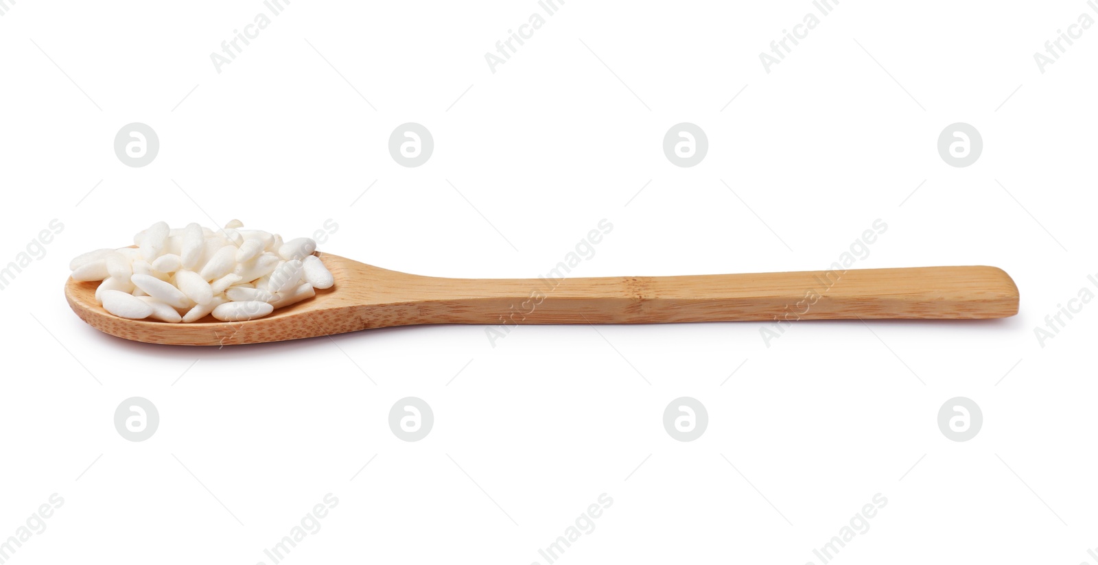 Photo of Puffed rice in spoon isolated on white