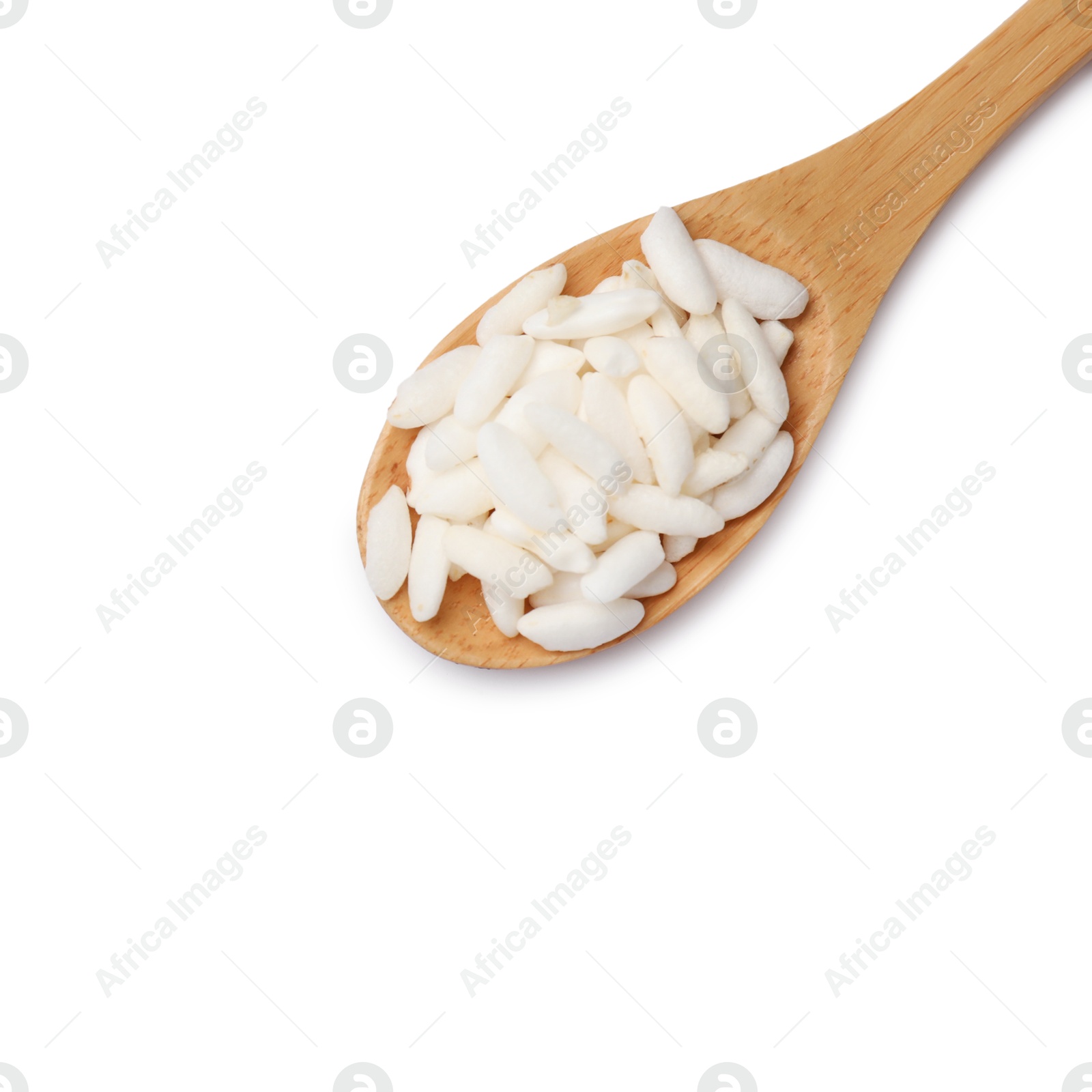 Photo of Puffed rice in spoon isolated on white, top view