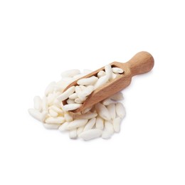 Photo of Puffed rice in wooden scoop isolated on white