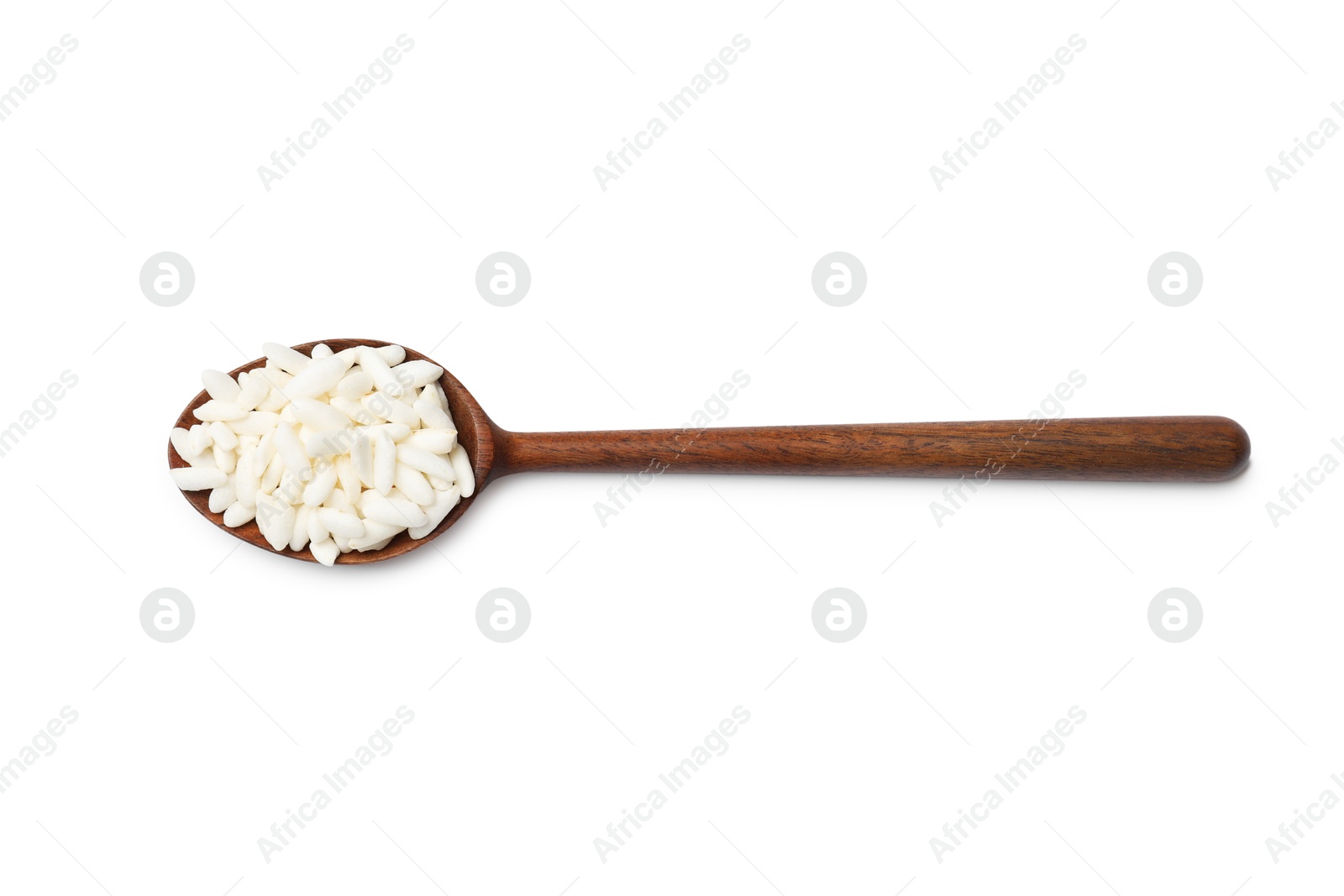 Photo of Puffed rice in spoon isolated on white, top view