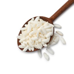 Photo of Puffed rice in spoon isolated on white, top view