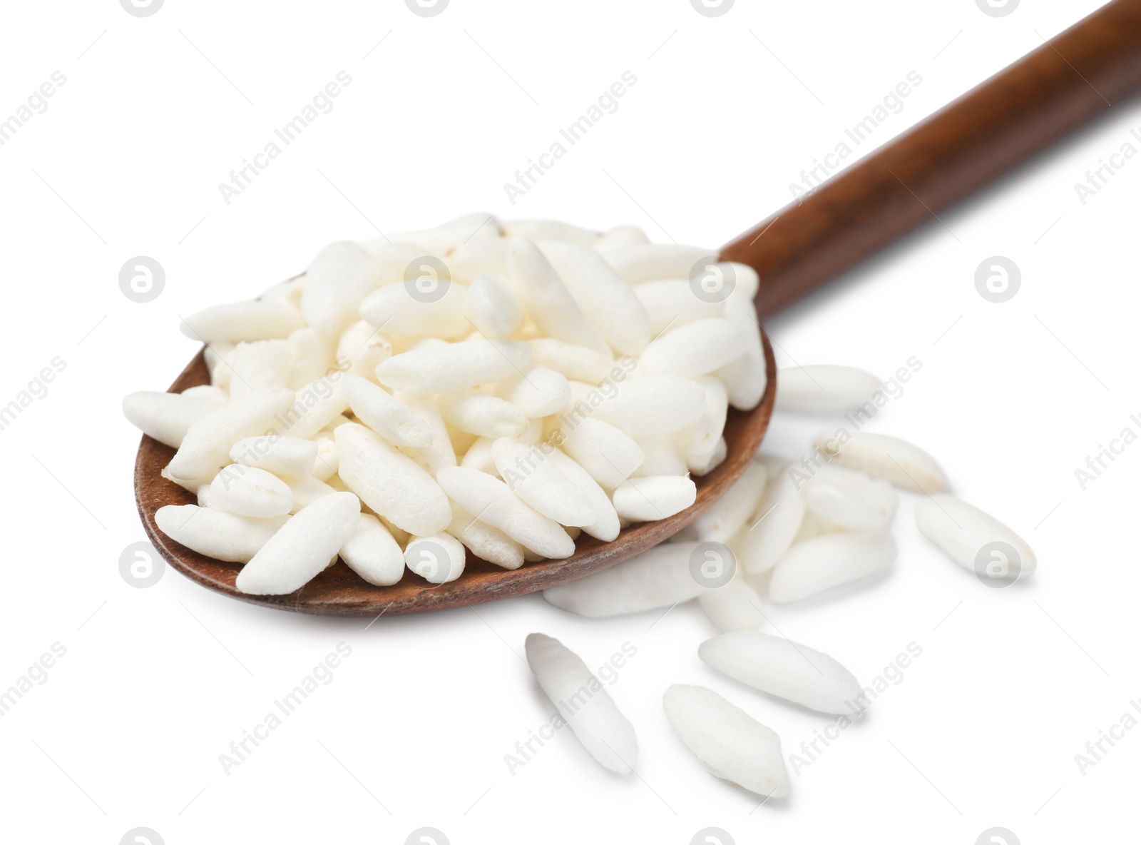 Photo of Puffed rice in spoon isolated on white