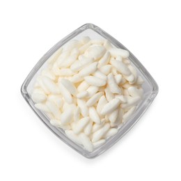 Photo of Puffed rice in bowl isolated on white, top view