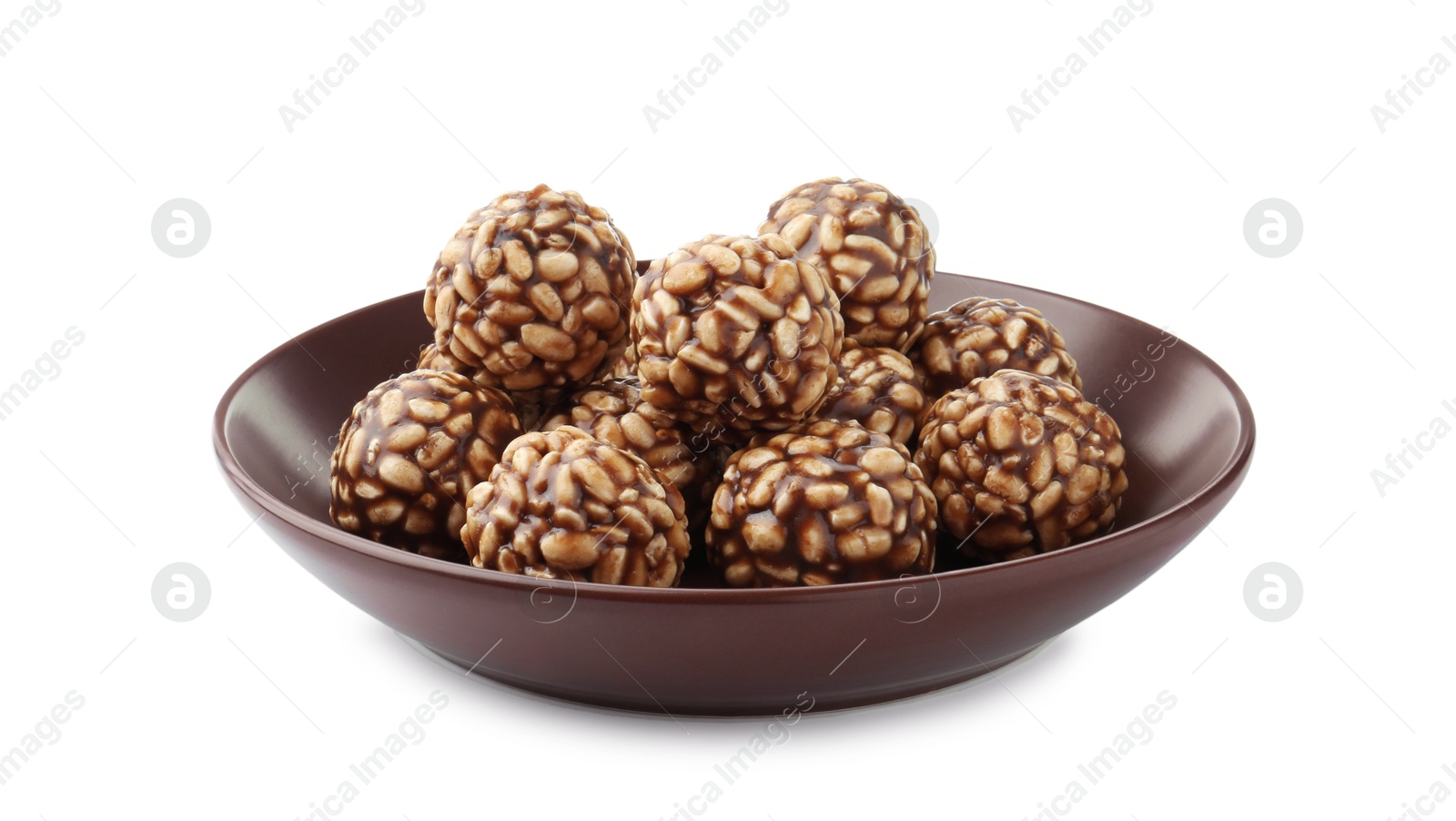 Photo of Delicious chocolate puffed rice balls in bowl isolated on white