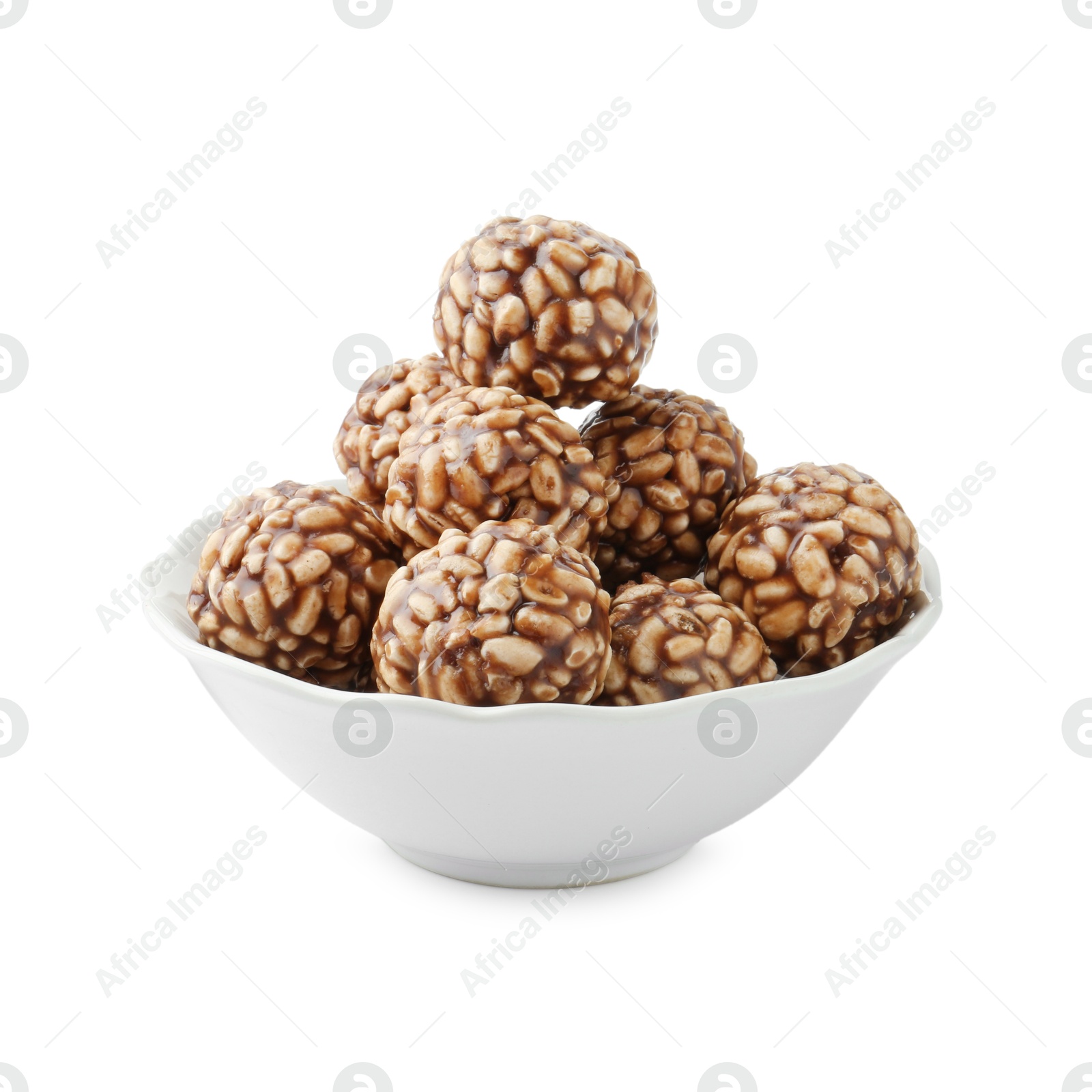 Photo of Delicious chocolate puffed rice balls in bowl isolated on white