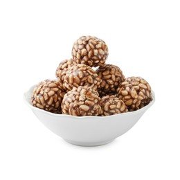 Photo of Delicious chocolate puffed rice balls in bowl isolated on white