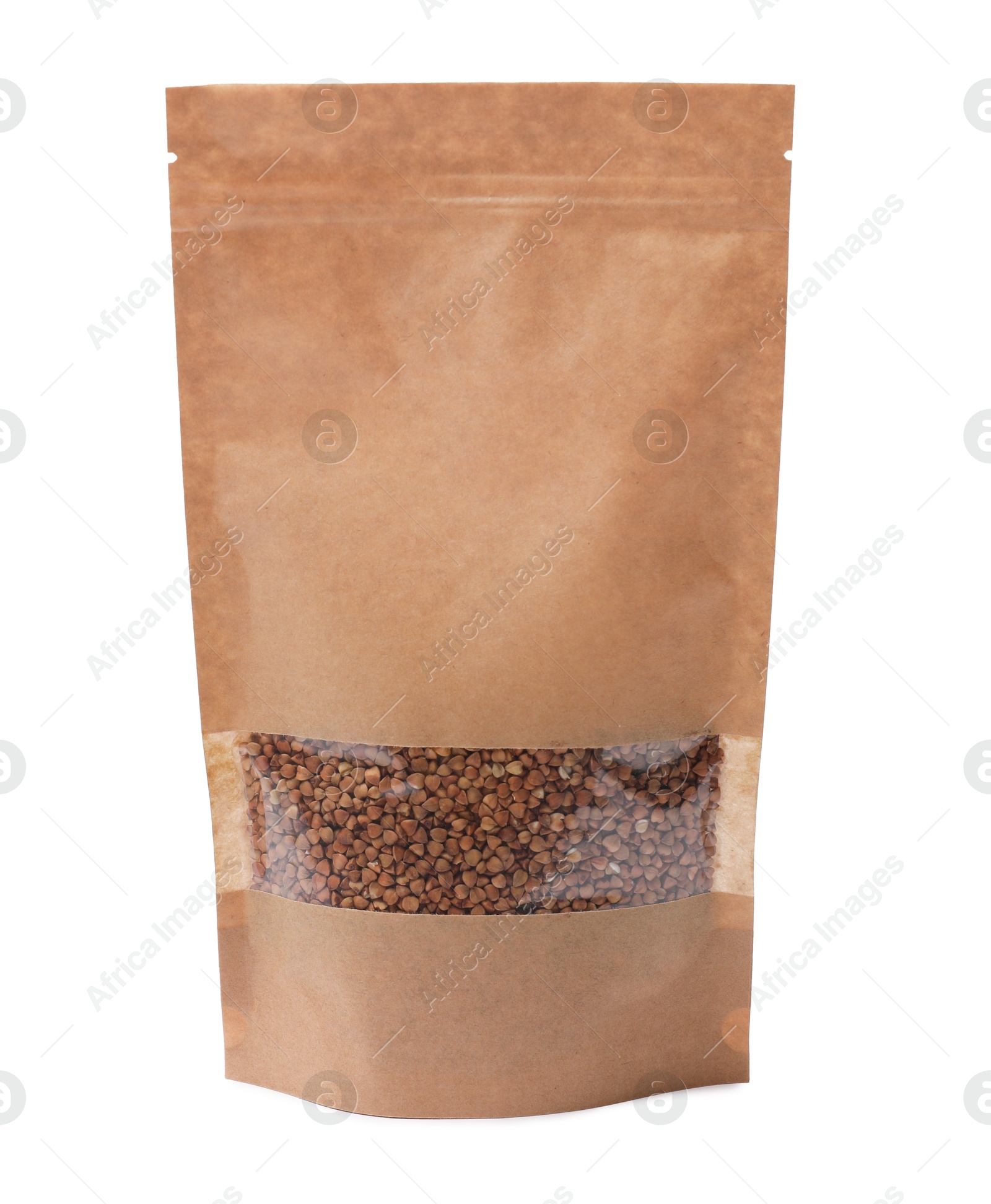 Photo of Paper pouch bag with buckwheat isolated on white