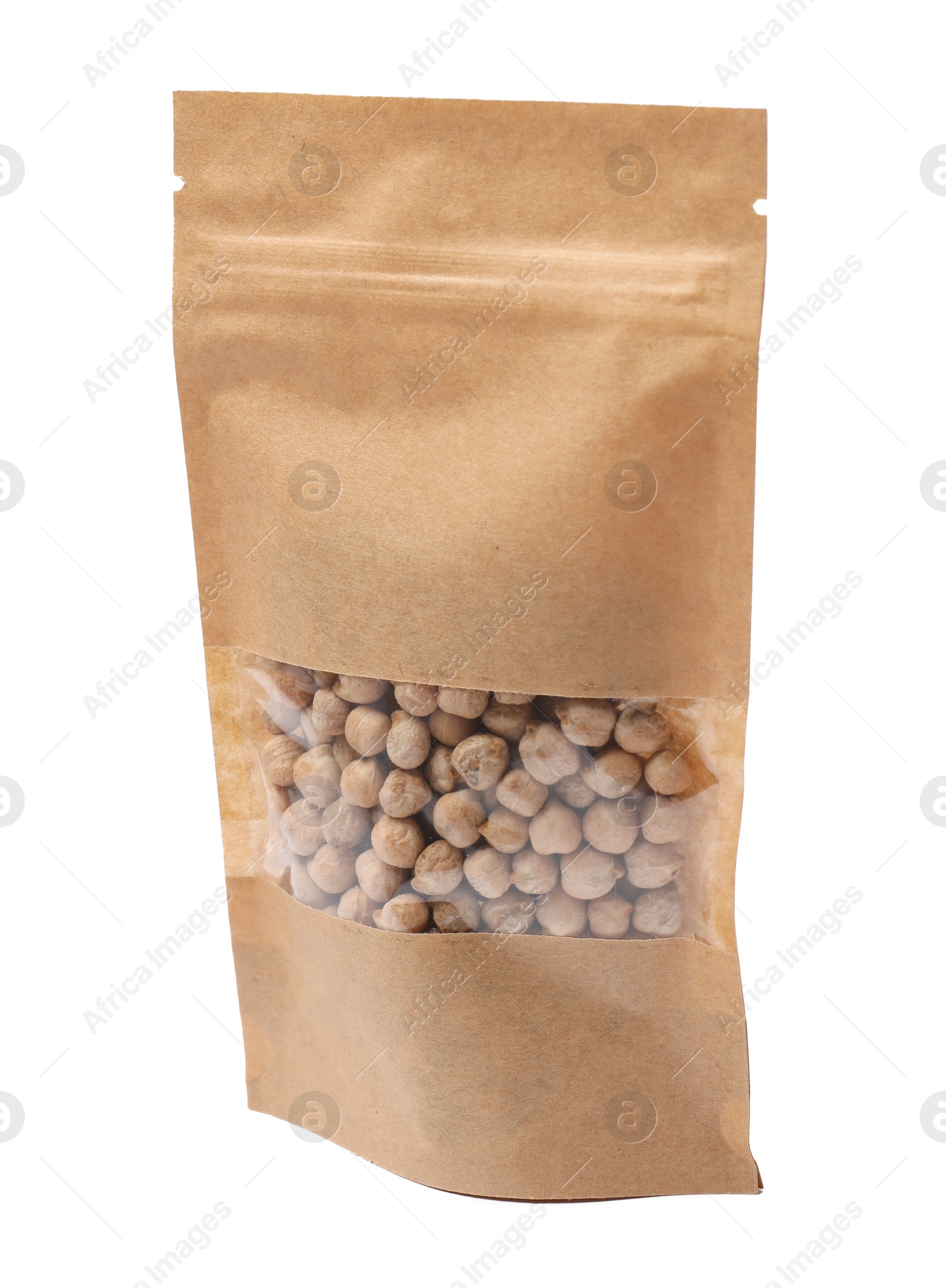 Photo of Paper pouch bag with chickpeas isolated on white