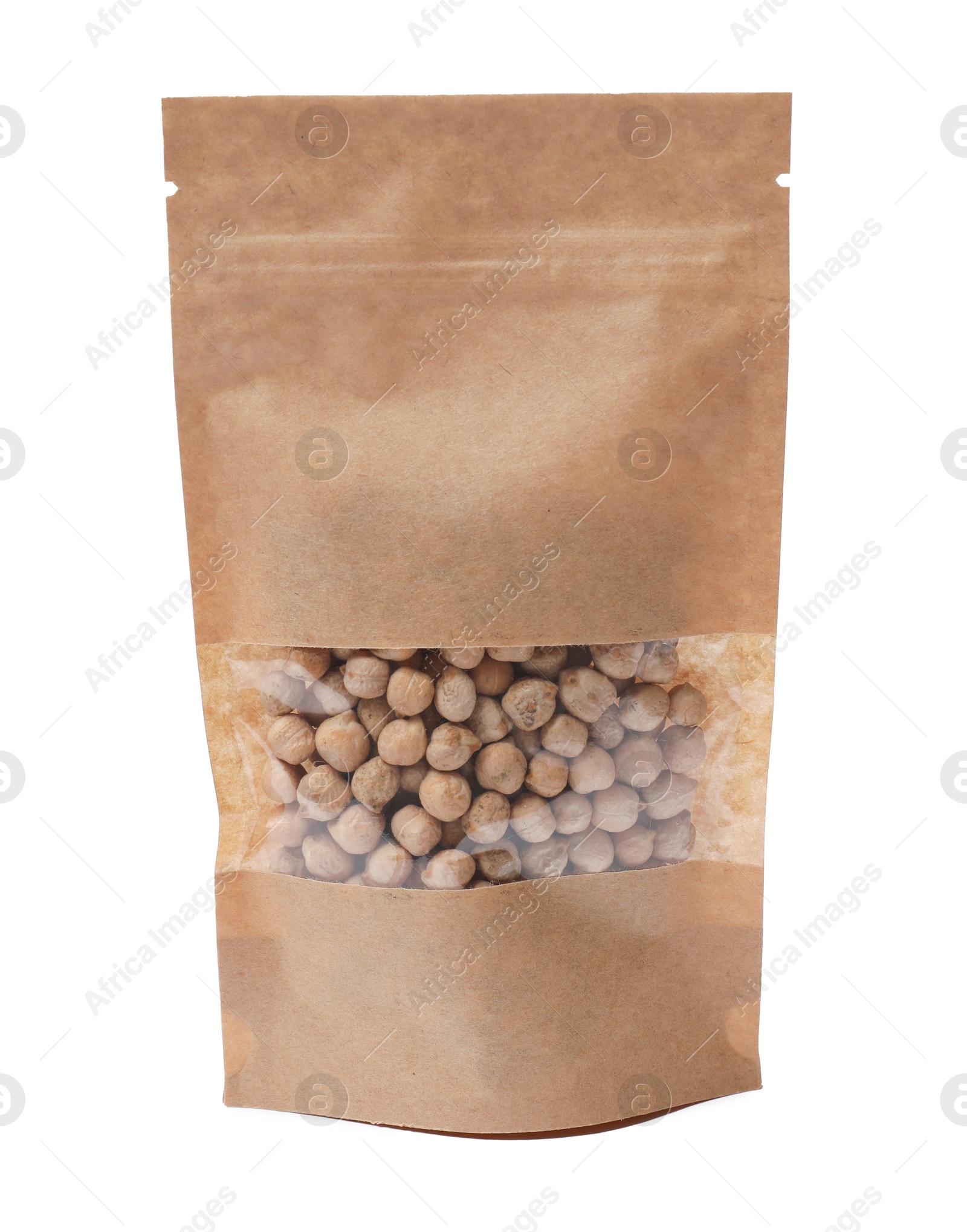 Photo of Paper pouch bag with chickpeas isolated on white