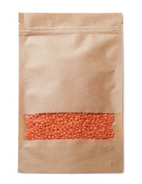 Photo of Paper pouch bag with lentil isolated on white, top view