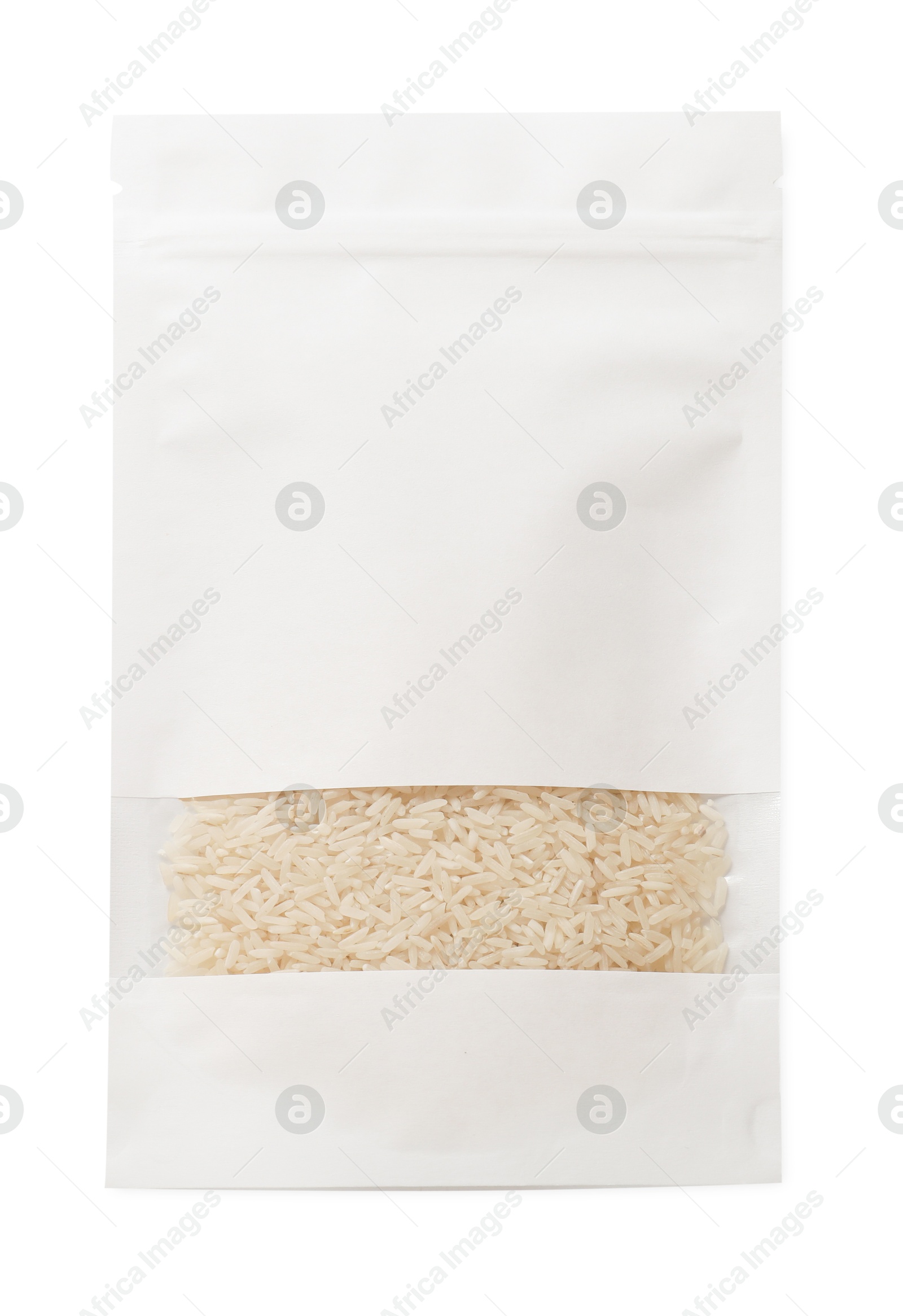 Photo of Paper pouch bag with rice isolated on white, top view