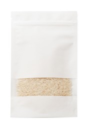 Paper pouch bag with rice isolated on white, top view