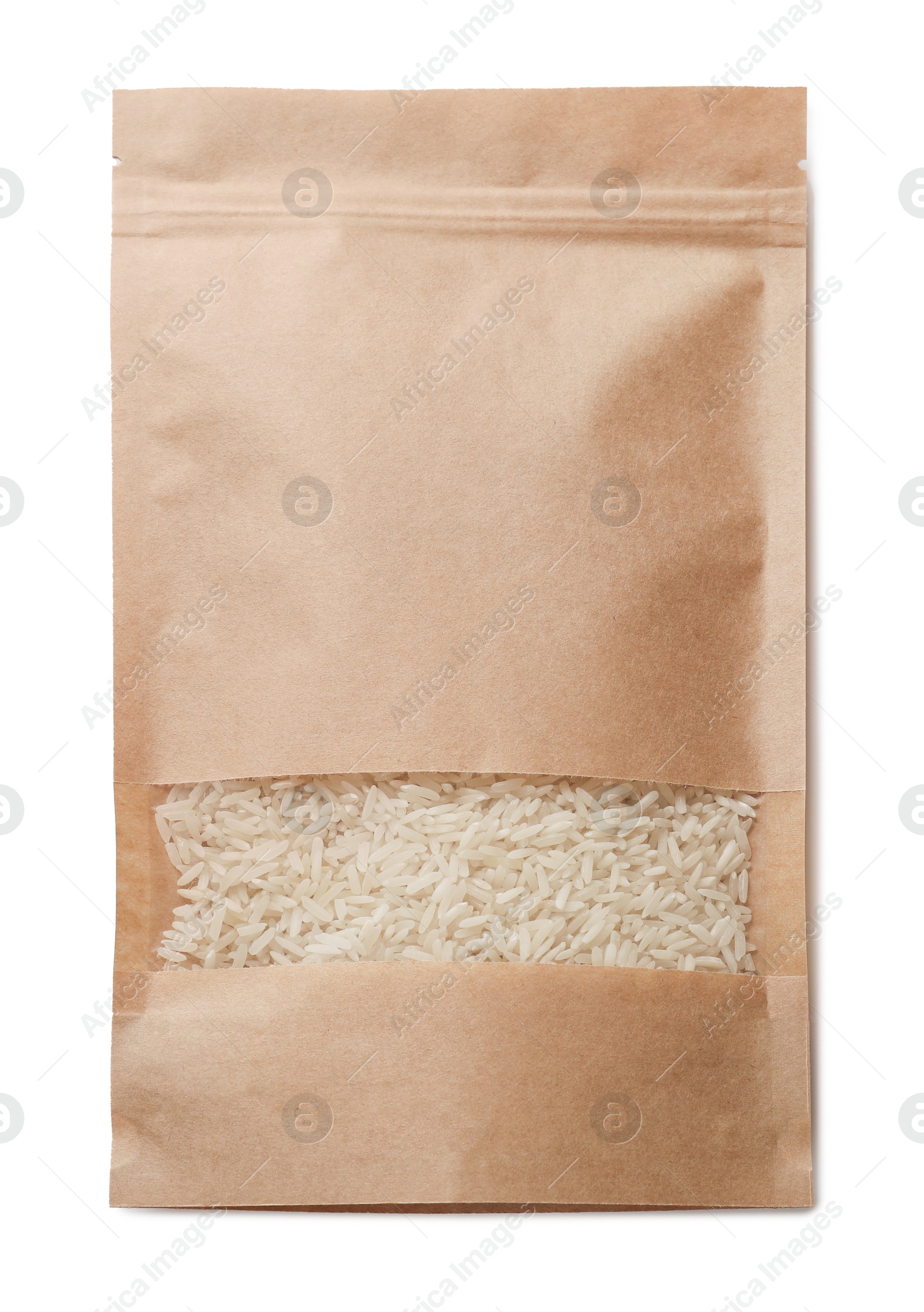 Photo of Paper pouch bag with rice isolated on white, top view