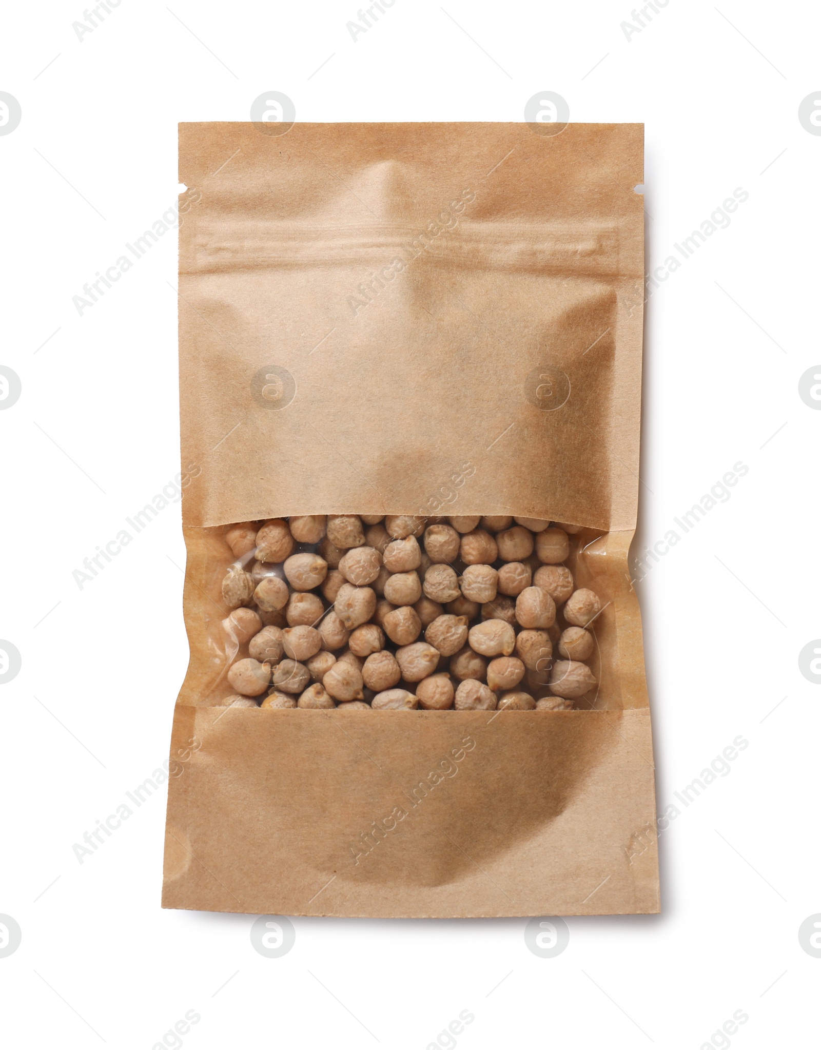 Photo of Paper pouch bag with chickpeas isolated on white, top view