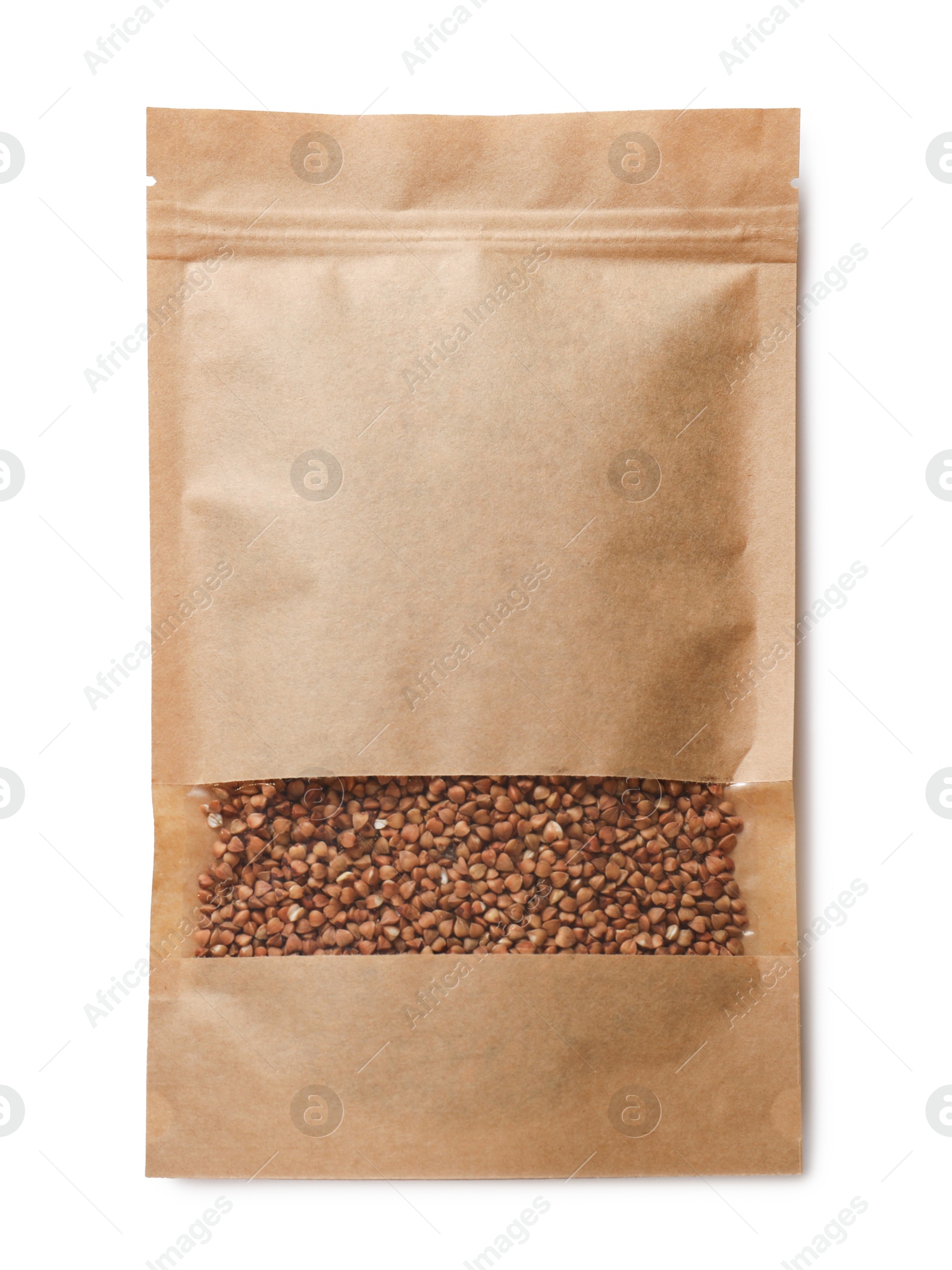 Photo of Paper pouch bag with buckwheat isolated on white, top view