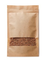 Photo of Paper pouch bag with buckwheat isolated on white, top view