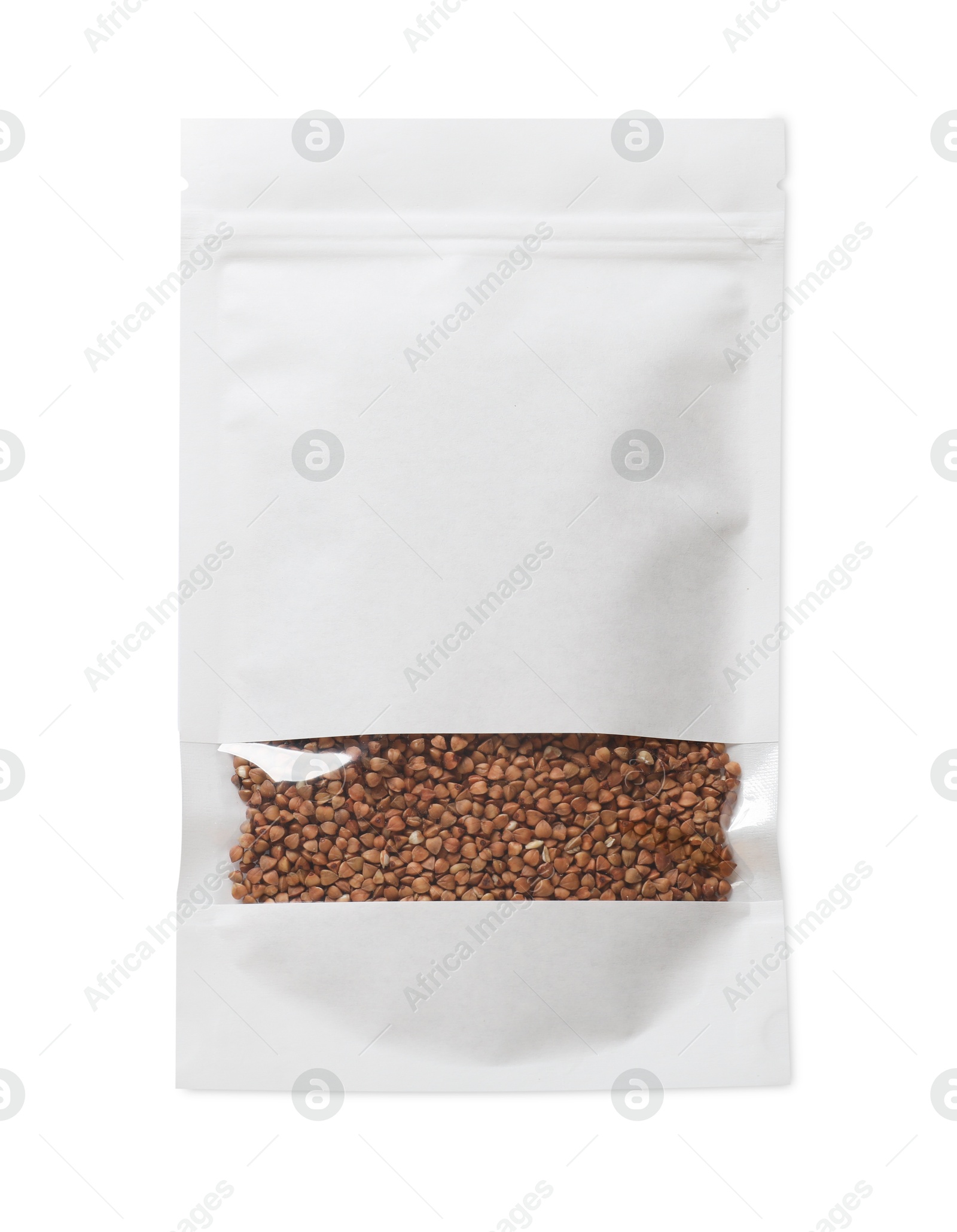 Photo of Paper pouch bag with buckwheat isolated on white, top view