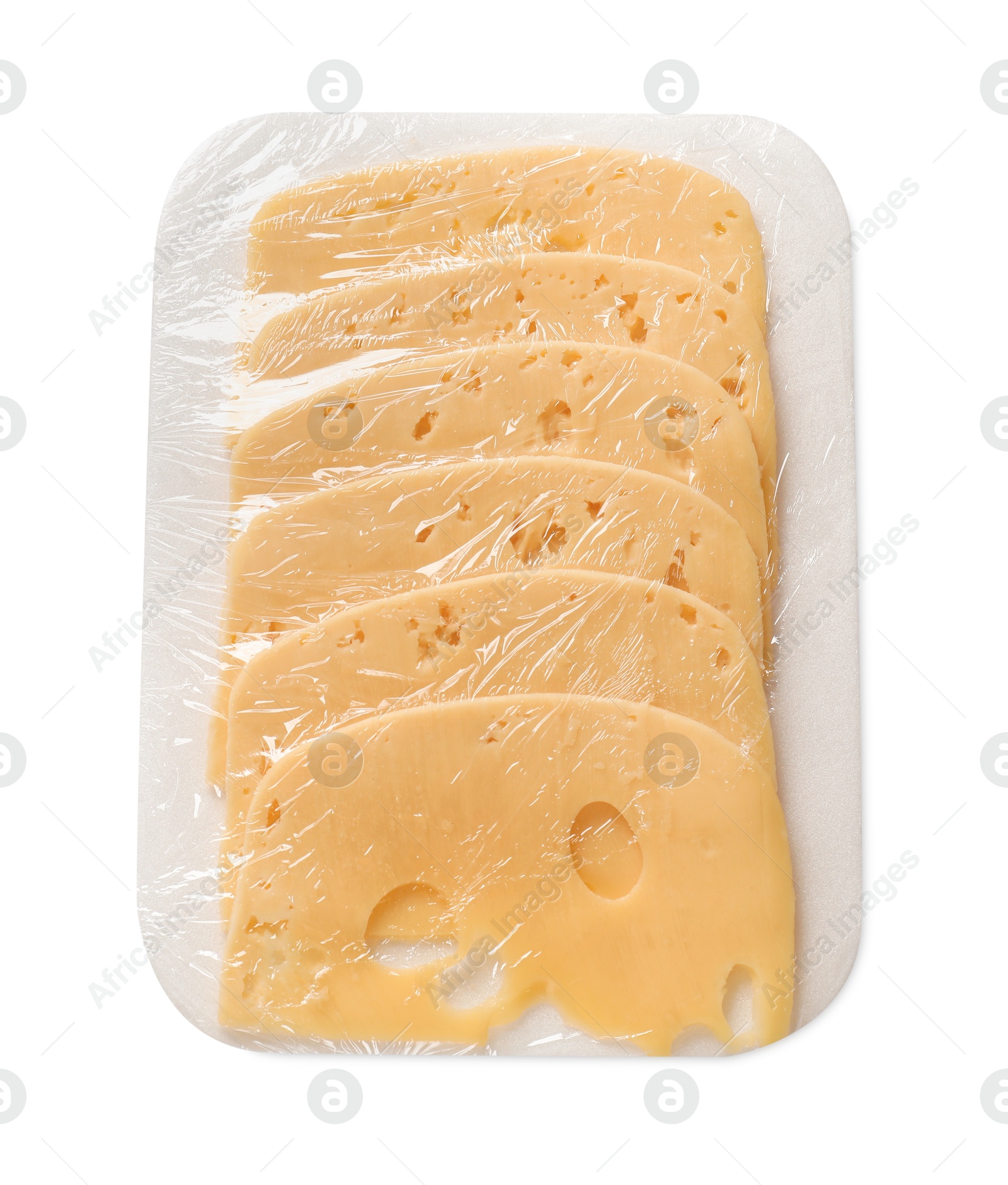 Photo of Pack of sliced cheese isolated on white, top view