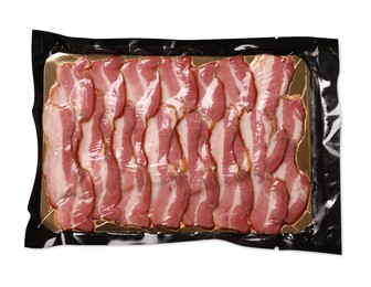 Photo of Pack of sliced bacon isolated on white, top view