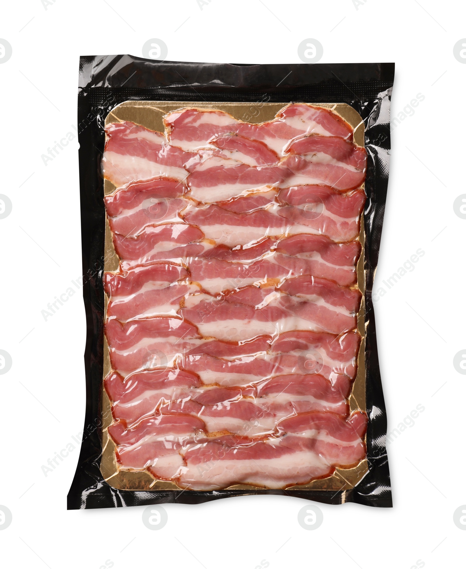 Photo of Pack of sliced bacon isolated on white, top view