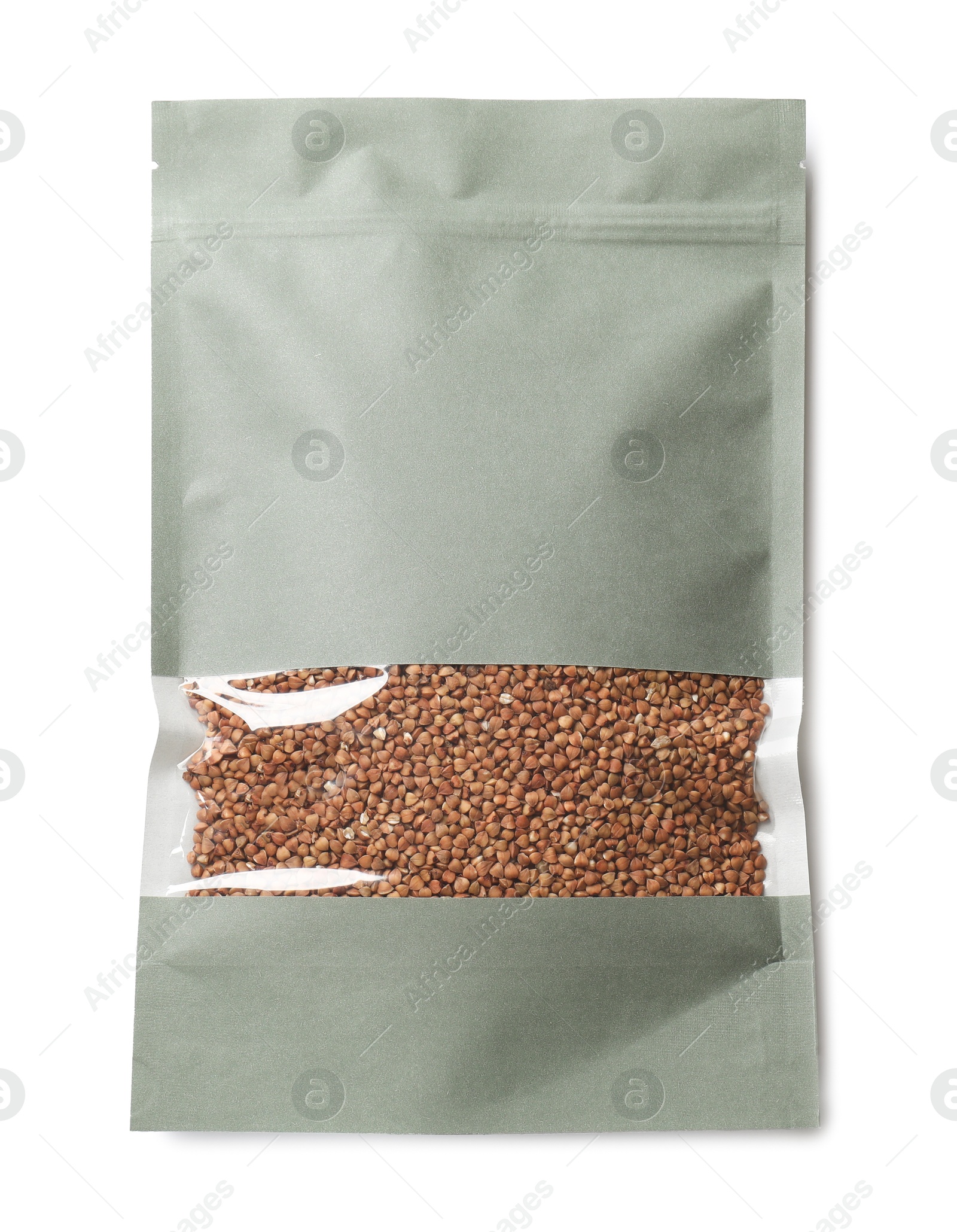 Photo of Paper pouch bag with buckwheat isolated on white, top view