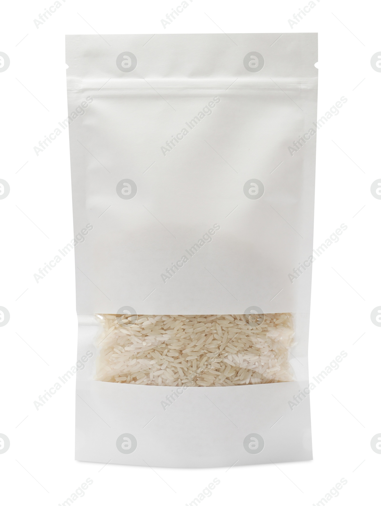 Photo of Paper pouch bag with rice isolated on white