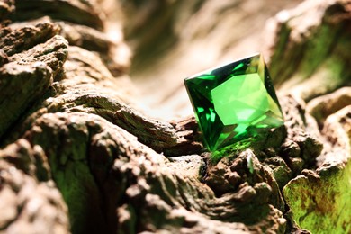 Photo of Beautiful shiny green gemstone on stone, closeup