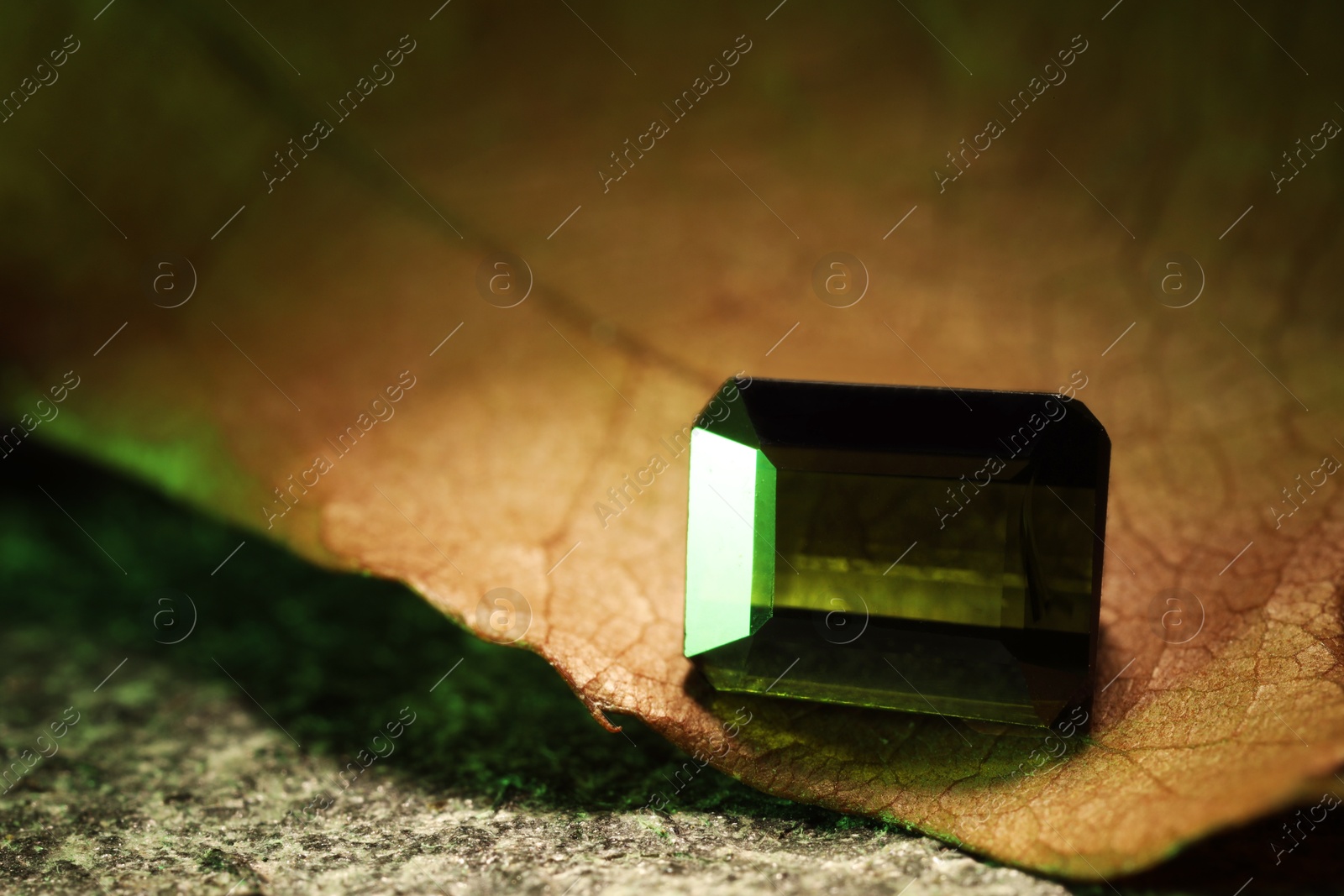 Photo of Shiny green gemstone and dry leaf on stone, closeup. Space for text