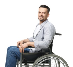 Photo of Smiling man in wheelchair on white background