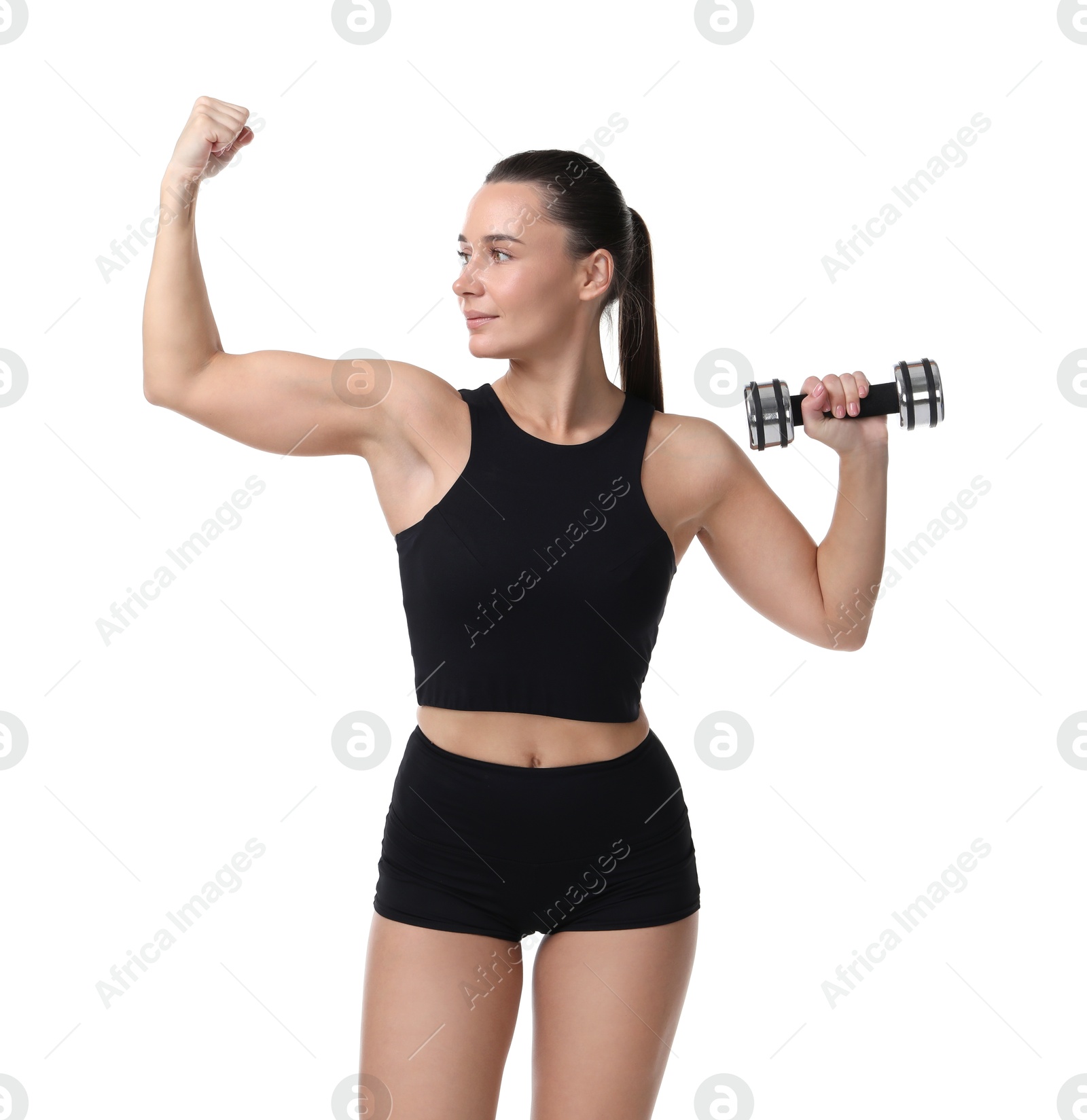 Photo of Woman exercising with dumbbell on white background