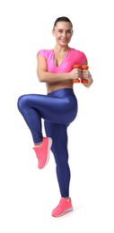 Photo of Woman exercising with dumbbells on white background