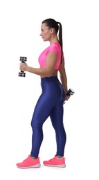 Photo of Woman exercising with dumbbells on white background