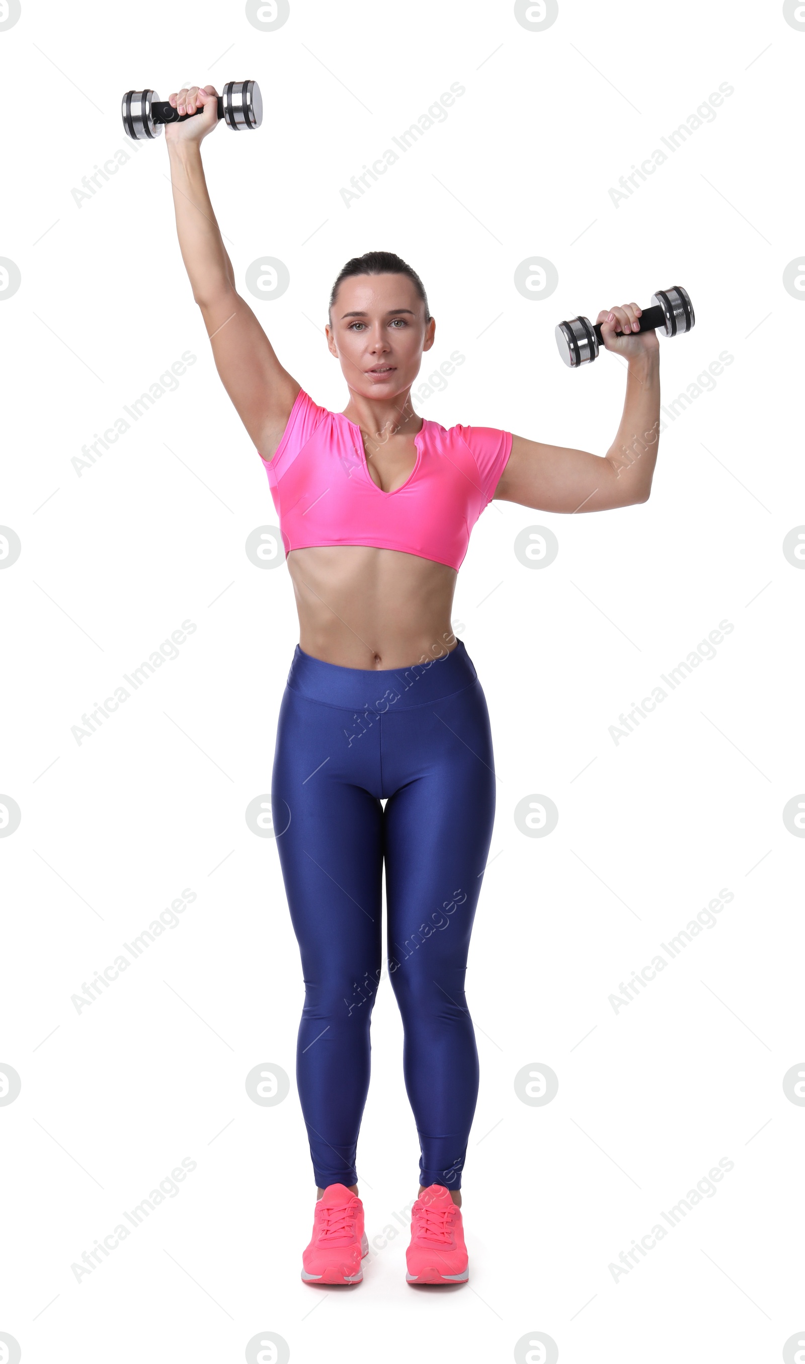 Photo of Woman exercising with dumbbells on white background