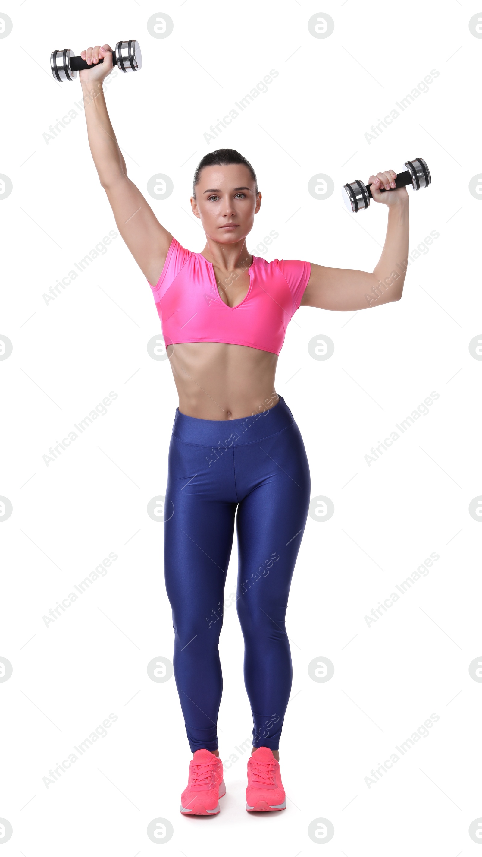 Photo of Woman exercising with dumbbells on white background