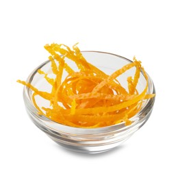 Photo of Orange zest in bowl isolated on white