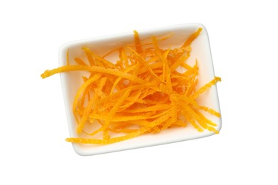 Orange zest in bowl isolated on white, top view